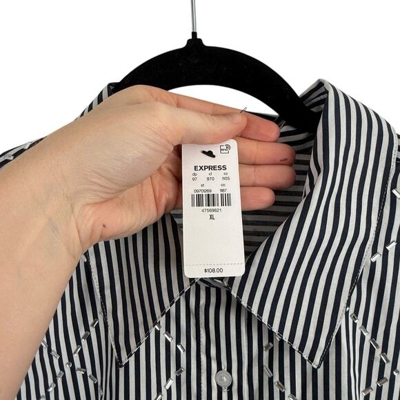 Express Boyfriend Portofino Blue Striped Button Front Blouse Career Womens XL - Picture 4 of 6